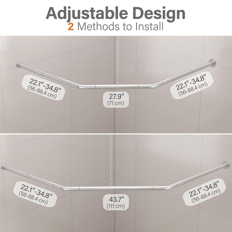 Yampos Diamond Shaped Corner Shower Curtain Rod, [Both Sides: 22"-34.8",