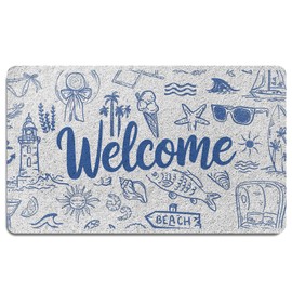 Evcprz Beach Door Mat, Blue Coastal Welcome Mats for Front Door, Retro Tropical Seaside Beachy Nautical Doormat for Porch Outdoor Indoor Entrance, Ocean Bath Rug for Bathroom, 17x30 Inch