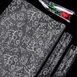 Christmas Wrapping Paper - ADQUATOR 5m×80cm White Hamper Wrapping Cellophane Paper Sheets Printed with Gingerbread man, Clear Gift Wrap for Christmas and Xmas Party Gift Packaging(Folded)