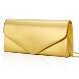 Larcenciel Clutch Purse for Women, Metallic Gold Leather Evening Bag w/Chain Strap, Elegant Envelope Party Bags Ladies Handbags for Formal Events, Wedding, Cocktail, Prom, Homecoming,22x12x5.2cm