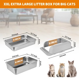 Homegroove Stainless Steel Sifting Litter Box for Pine Pellets, 23.6''Lx15.7''Wx12''H Cat Litter Box with Lid for Indoor Cats Metal Pellet Sifter Litter Pan with Plastic Scoop &10 Urine Pads (6 Inch)