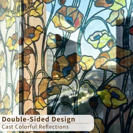 funlife Original Hand-Drawn Faux Stained Glass Window Film, Double-Sided Static Cling Window Cling Suitable for Entryway, Reusable Glass Windows Door Decor, 11.8"x118", Yellowish-Brown Poppy