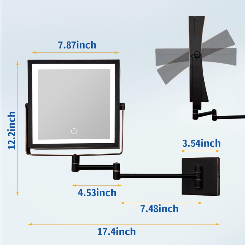 Ruacq Rechargeable Wall Mounted Makeup Mirror with Lights, Double Sided