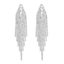 SELOVO Rhinestone Dangling Earrings Chain Tassel Wedding Clear Drop Dangle Earrings Rhinestone Crystal Silver Tone