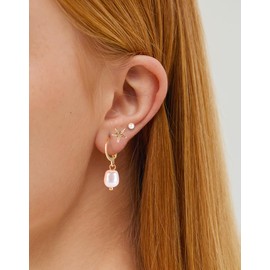 SPORCLO Gold Pearl Earrings for Women Hypoallergenic 14K Gold Plated 3 Pairs Dangle Hoop Earrings Set Flat Back Starfish Stud Earring Summer Jewelry Gift