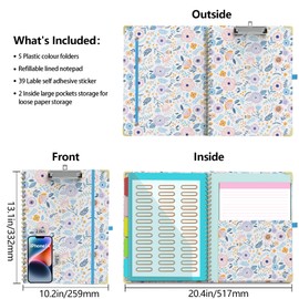 Clipboard Folio with Storage Clipboards Padfolio Notebook for Letter Size (11" x 8.5"), Clipboards with 10 Pockets and 5 Folders Nursing Teacher School Essentials (Colorful Flowers)