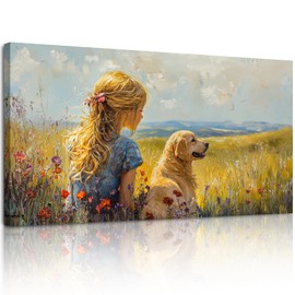SERIMINO Portrait Landscape Wall Art, Lady and Dog Large Wall Decor, Animal Golden Retriever Cute Canvas Prints, Meadow Wildflowers Rustic House Decorations Living Room Bedroom Bathroom 20"X40"