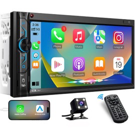 Double Din Car Stereo Receiver: CarPlay Android Auto Car Digital Multimedia System - Bluetooth 7 Inch Touchscreen MirrorLink AM FM Radio USB SD Aux-in HD Backup Camera Audio Output Subwoofer
