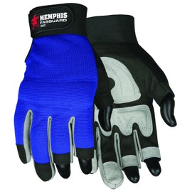 MCR Safety 902L Fasguard Synthetic Leather 3 Fingerless Design Multi-Task Gloves with Adjustable Wrist Closure, Blue/Black, Large, 1-Pair