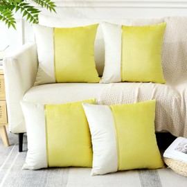 Sungeek Set of 4 Decorative Cushion Covers Soft Patchwork Velvet Pillow Covers with Gold Leather Square Throw Pillow Cases for Sofa Car Patio Bedroom Living Room 45x45cm (Lemon Yellow)