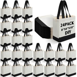 Sanwuta 24 Pack Mini Canvas Tote Bag Small Sublimation Blank Canvas Bags Reusable Tote for Crafts DIY Party Gifts (8'' X 10'' X 4'',Beige-black)