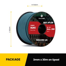 Kamu Synber Paracord 3 mm x 30 m Paracord 425 100% Nylon Rope Type II Cords with 3 Cores for Crafts, Outdoor, Camping, Survival, Load Capacity 192 kg, Teal Green