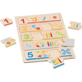 goki 57344 Wooden Puzzle Learn to Count - Educational Learning Toy with Animals, Pens and Dots - Promotes Mathematical Skills and Fine Motor Skills, Numbers 1 to 5, 21 x 30 cm, Set of 20, from 2 Years