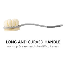 Arswin Shower Body Brush with Bristles and Large Pumpkin Loofah,Back Scrubber Bath Mesh Sponge with Anti-Slip Curved Long Handle for Skin Exfoliating,Massage Bristles for Wet or Dry,Men Women (Grey)