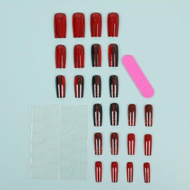 Red Press on Nails Medium Square Fake Nails Press on Glossy False Nails with Crocodile Pattern Designs Black Stripes Reusable Acrylic Nails Full Cover Stick on Nails for Women 24 Pcs