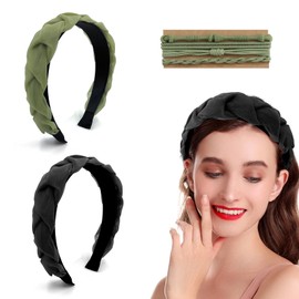 Katyjun Pack of 2 Organza Braided Headbands, Vintage Dirndl Headband, Fashion Braided Headband (Green and Black) with 4 Pieces Hair Band