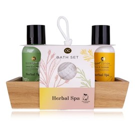 Accentra Geschenksest Herbal Spa in decorative wooden box, including 100 ml shower gel, 100 ml body lotion and mesh sponge, packaging (paper) and bottles made of recycled material