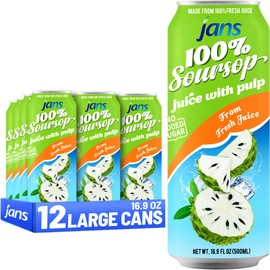 Jans Soursop Juice with Pulp (12-Pack, 16.9 oz Cans) - NO Sugar Added - from 100% Pure Soursop Fruit / Guanabana Fruit, Not From Concentrate, Sour Sop Rich in Natural Electrolytes - Refreshing Tropical Taste