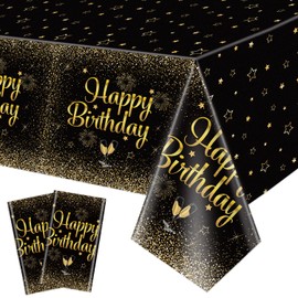 QUERICKY 2 Pack Black Gold Happy Birthday Tablecloths, 51x87'' Plastic Disposable Rectangle Black Gold Table Cover for Men Women Boys Girls Birthday Party Decorations Supplies