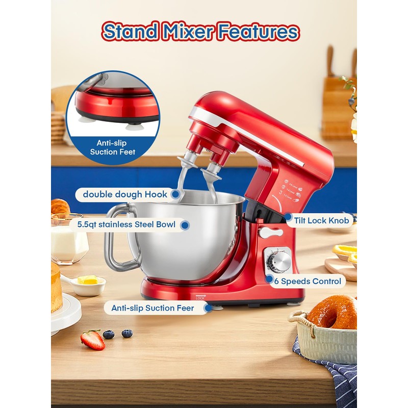 Stand Mixer Fohere, With Double Dough Hook, Wire Whip &