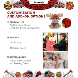 DolliBu Floppy Moose Firefighter Stuffed Animal with Name Personalization - Super Soft Moose with Red Fireman Costume Outfit and Fireman Hat, Cute Fire Fighter Doll Plush Toy for Kids - 9 Inch