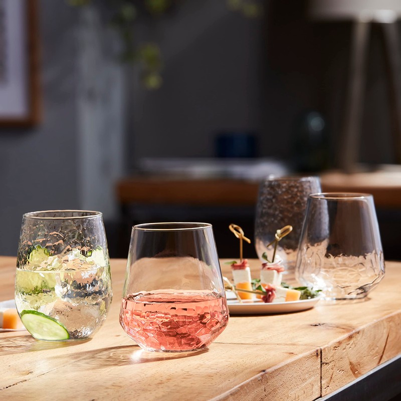 Libbey Hammered Stemless Wine Glasses Set of 8, 17-ounce, Dishwasher-Safe,