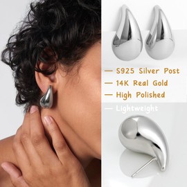 6 Pairs Gold Chunky Hoop Earrings for Women, 14K Gold Plated Croissant Open Hoop, Lightweight Teardrop Earrings Pack for Gift (6 Pair Silver)