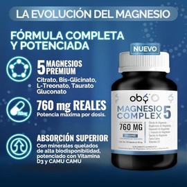 Oby Magnesio Complex | 5 MAGNESIOS: Citrato, BisGlicinato, Treonato, Gluconato y Taurato | Sin Oxido | Alta Absorción y Biodisponibilidad | Minerales Quelados, Camu Camu y Vitamina D3 | 190 Cápsulas de 760mg