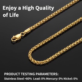 Jewlpire Gold Chain Necklace for Men, 2.5mm Wheat Chain Necklace, 14k Plated Gold Chain for Men and Women, Mens Chain Necklace 22 Inch