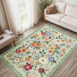 Floral Area Rug for Living Room, 4x6 Washable Rug Boho Carpet, Soft Non Slip Low Pile Stain Resistant Floral Vintage Rug for Living Room, Bedside, Dorm, Dining Room, Nursery, Playroom, Office, Green