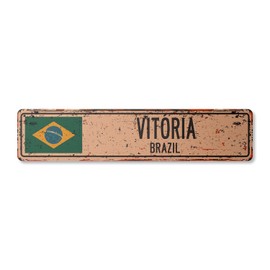 Vitoria Brazil Vintage Plastic Street Sign Brazilian Flag City Country Road Wall Gift | Indoor/Outdoor | 18" Wide