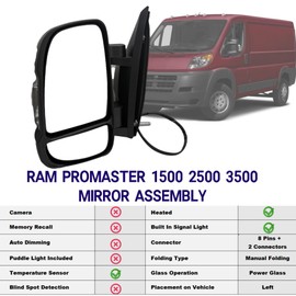 Driver Side Mirror Compatible with 2014-2024 Ram Promaster 1500 2500 3500 Short Arm With Power Glass Heated Turn Signals Light Temperature Sensor Manual Folding Textured Black 8+2 Pins #5VE99JXWAD