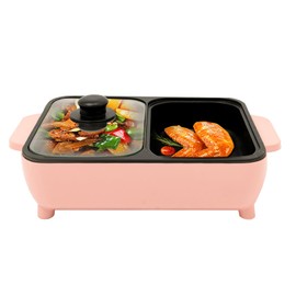Hot Pot Electric with Grill 1200W Multifunctional Indoor Teppanyaki Grill/Korean BBQ/Shabu Shabu Hot Pot 2 in1 Indoor Non-Stick Shabu Shabu Pot & Frying Pan (Pink)