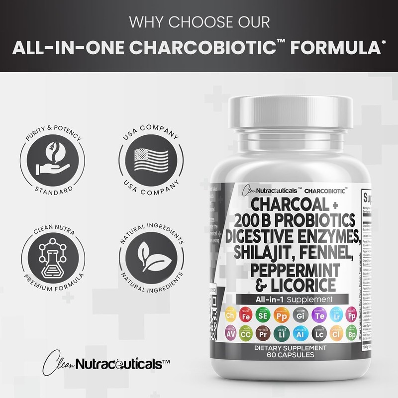 Clean Nutra Activated Charcoal Capsules Shilajit Pills Probiotic Digestive Enzymes
