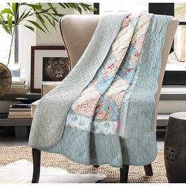 Cozyholy Original 100% Cotton Patchwork Quilt Twin Size Blue Floral Bedspread Coverlet Reversible Vintage Shabby Chic Quilted Throw Blanket Bed Quilt Cover for Couch Sofa
