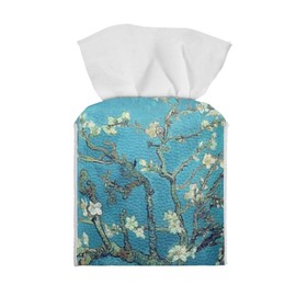 Showudesigns Van Gogh Cherry Almond Tissue Box Cover Leather Square Tissue Box Holder With Bottom Belt Napkin Organizer Dispenser for Bathroom Desks Dresser Decor Tissue Boxes Flower Tissue Holders