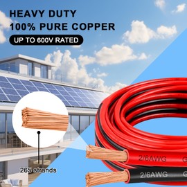 6 Gauge Wire 50 Feet, 6/2 AWG Pure Copper Wire, 6AWG 2 Conductors Red Black Oxygen Free Stranded Low Voltage Wire for Solar Panel, Automotive, Audio Auto, LED Lighting(6 AWG 50FT)