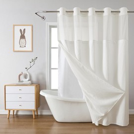 eachope Cream Extra Long No Hook Waffle Weave Shower Curtain with snap-in Liner Replacement, 230GSM Waterproof Fabric Hotel Shower Curtain Set for Bathroom, Through Mesh Top Window,71Wx86H