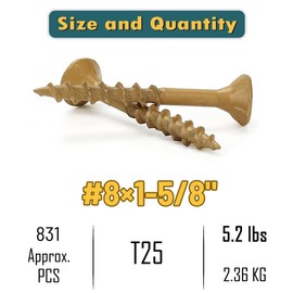 WELLOCKS Deck Screws 1-5/8", Wood Screws #8×1-5/8", Tan 822 PCS, Superior Rust Resistant, Epoxy Coated, Above 1000 Hour Salt Spray Coating T25 Torx Star Bit Included for Outdoor Wood Fence