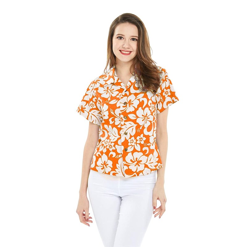 Couple Matching Hawaiian Luau Shirts, Classic Vintage Hibiscus Orange, Women,