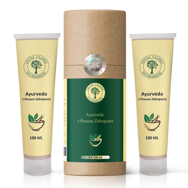 Set of 2 Ayurveda 3 Phase Toothpaste | Toothpaste Green Valerie Fluoride-free 200 ml with 17 Herbs, Roots, Flowers, Highly Effective Oils, Sea Salt and Healing Clay Known from the Health Food Store!