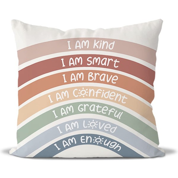 Inspirational Quote I Am Kind Smart Grave Confidence Grateful Loved Enough Throw Pillow Covers,Home Bedroom Living Room Decor Rainbow Pillow Case,Boho Lovers Girls Kids Gifts,18x18 Inch Pillowcase