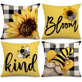 AnyDesign Summer Pillow Cover Sunflower Bee Decorative Throw Pillow Case Buffalo Plaids Bee Gnome Floral Bloom Cushion Case for Farmhouse Home Outdoor Activity Sofa Couch Office, 18 x 18 in, 4Pcs