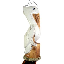 Distressed White Pelican on a Perch Windchime, Wooden Chimes, Outdoor Garden Décor, Coastal Theme, 45 Inches Tall
