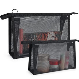besharppin Mesh Cosmetic Pouch, Set of 2, Plain, Makeup Pouch, Large Capacity, Cosmetic Storage, Trinket Compartment, For Business Trips, Travel, Large, Medium, Black