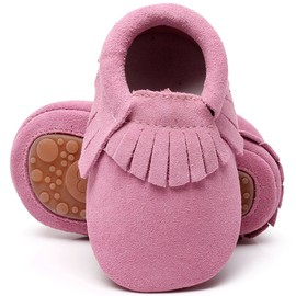 HONGTEYA Leather Baby Moccasins Hard Soled Tassel Crib Toddler Shoes For Boys and Girls (6-12 months/4.72inch, suede pink)