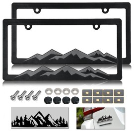 NJNYLLC Mountain License Plate Frames - Plastic Car Tag Holders with Raised Mountain Design, Gray on Black, 2 Pack 2 Hole with Screws & Caps, Mountain Vinyl Sticker Included