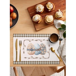 Vintage Brown White Buffalo Plaid Placemats Set of 6, Easter Eggs Brown Check Cotton Linen Table Mats Non-Slip Retro Brown Plaid Spring Blue Easter Eggs Placemat for Dining Kitchen Table Decor