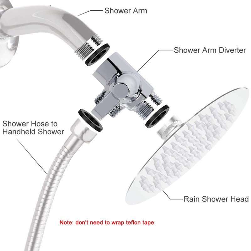 NearMoon Solid Brass G1/2" Shower Arm, 3-Way Diverter Valve for