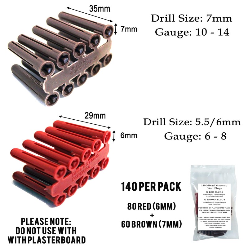 Mixed Pack Red & Brown Masonry Wall Plugs Anchors for